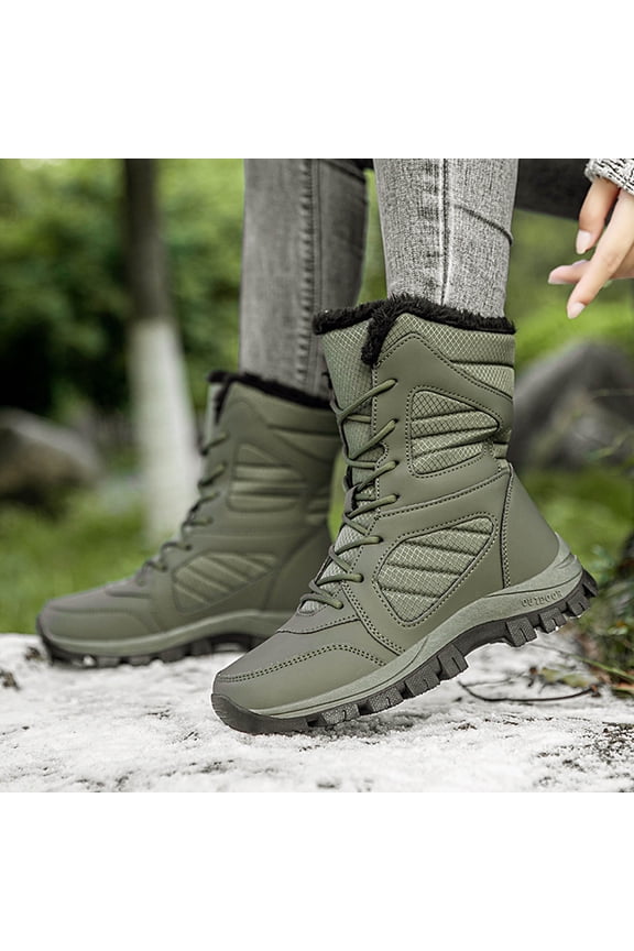 Womens Fur Lined Snow Boots Mid-Calf Booties Waterproof Deep Tread Rubber Sole Platform Anti-Slip Lace Up Cold Weather Winter Warm Outdoor Trekking Work Boot