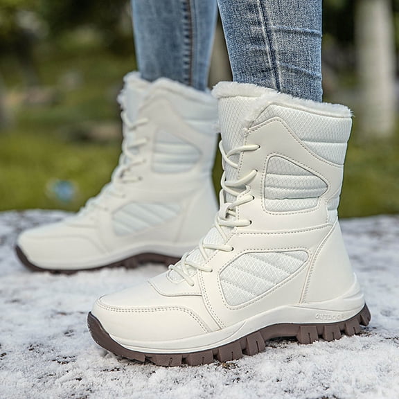 XIMIN Womens Fur Lined Snow Boots Mid-Calf Booties Waterproof Deep Tread Rubber Sole Platform Anti-Slip Lace Up Cold Weather Winter Warm Outdoor Trekking Work Boot