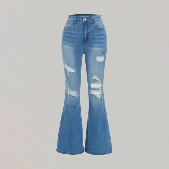 XIMIN Womens Girls Stretchy Baggy Pants Wide Leg Mid Rise Flare Jeans Distressed Denim Bell Bottom Denim Ripped High Waisted Teen Clothes Casual Pants