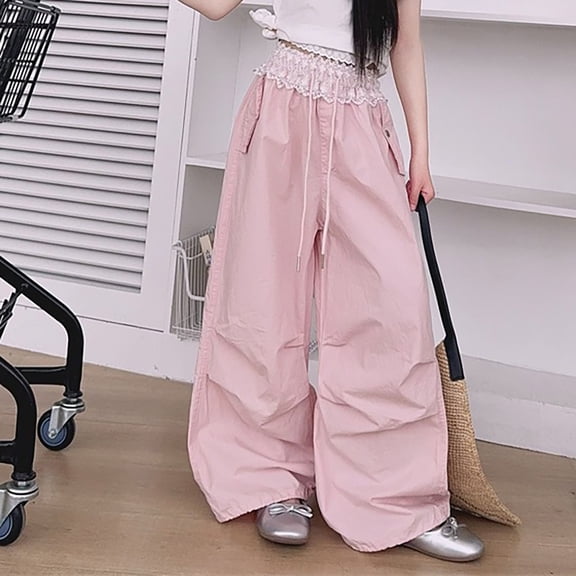 XIMIN Womens Lace High Waisted Casual Bloomers Streetwear Baggy Cargo Pants Summer Elastic Waisted Hip Pop Wide Leg Sweatpants with Pockets Loose Fit Parachute Pants