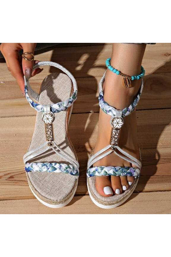 Womens Low Wedge Heels Wide Width Platform Sandals with Ankle Elastic Summer Dressy Walking Non Slip Casual Summer Beach Comfortable Sandals Bohemian Woven Sandals