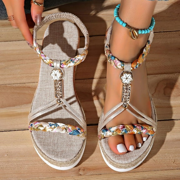 XIMIN Womens Low Wedge Heels Wide Width Platform Sandals with Ankle Elastic Summer Dressy Walking Non Slip Casual Summer Beach Comfortable Sandals Bohemian Woven Sandals