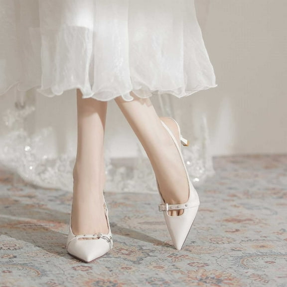 XIMIN Womens Patent Leather Slingback Heels Pointed Toe Slip On Pumps Closed Toe Kitten Heel Heeled Sandals Dress Shoes for Dating Party Working (5, White)