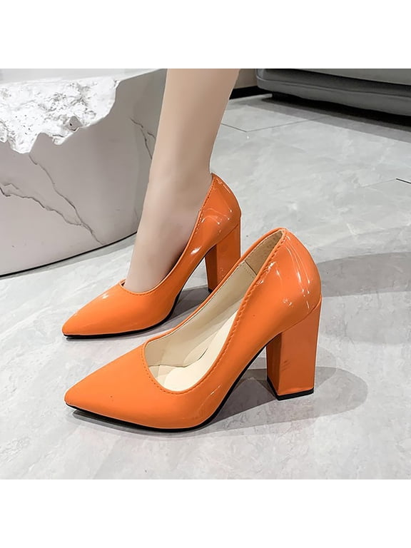 Womens Pointed Toe Closed Toe Mid Heels Patent Slip On Block High Heel Pumps Party Working Shoes Fashion Comfortable Footwear (10, Orange)
