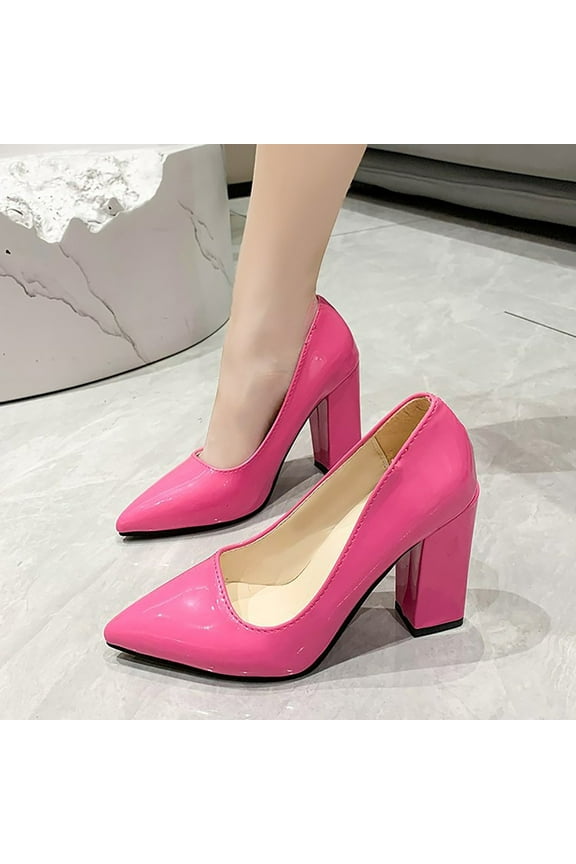 Womens Pointed Toe Closed Toe Mid Heels Patent Slip On Block High Heel Pumps Party Working Shoes Fashion Comfortable Footwear (8.5, Hot Pink)