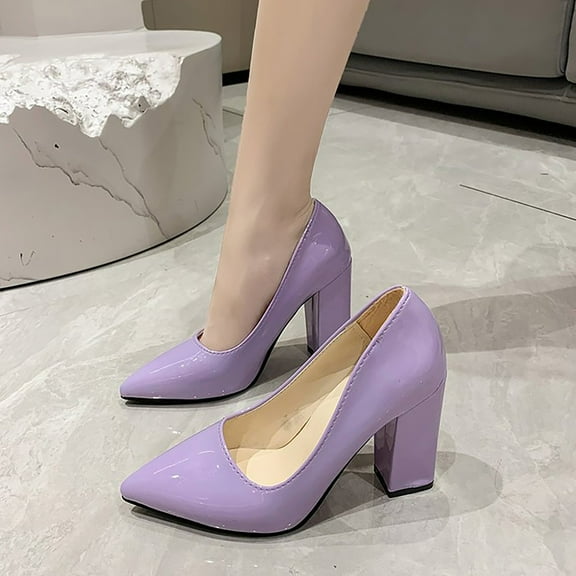XIMIN Womens Pointed Toe Closed Toe Mid Heels Patent Slip On Block High Heel Pumps Party Working Shoes Fashion Comfortable Footwear (8.5, Purple)