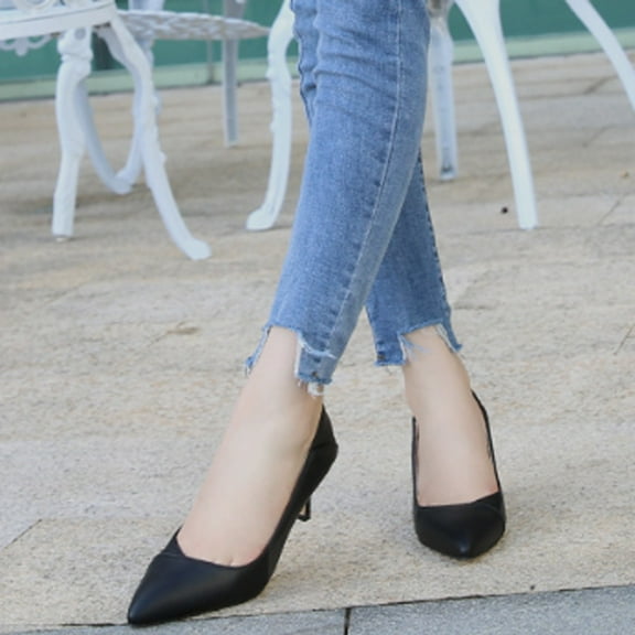 XIMIN Womens Pointed Toe Kitten Lovely Heel Pumps Low Heel Pointy Toe Slip On Dress Office Shoes Work Wedding Pumps Bridal Heeled Shoes (8, Black)