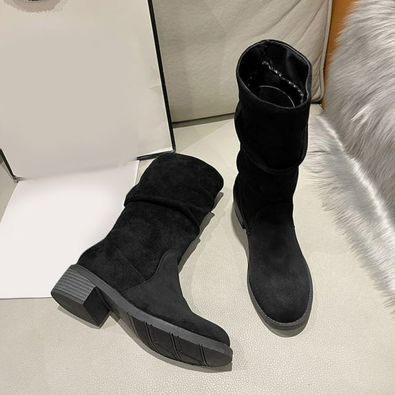 XIMIN Womens Suede Slip-On Extra Mid Calf Slouchy Knee High Boots Personality Lace Up Pom Pom Round Toe Side Zipper Wide Calf Arch Support Anti-slip Chunky High Boots