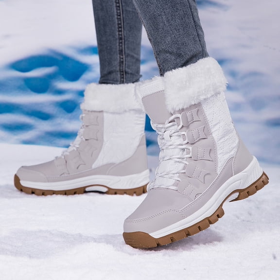 XIMIN Womens Waterproof Shoes Fur Lined Mid Calf Booties Walking Comfortable Hiking Tennis Booties Furry Mid Calf Lightweight Winter Warm Snow Boots