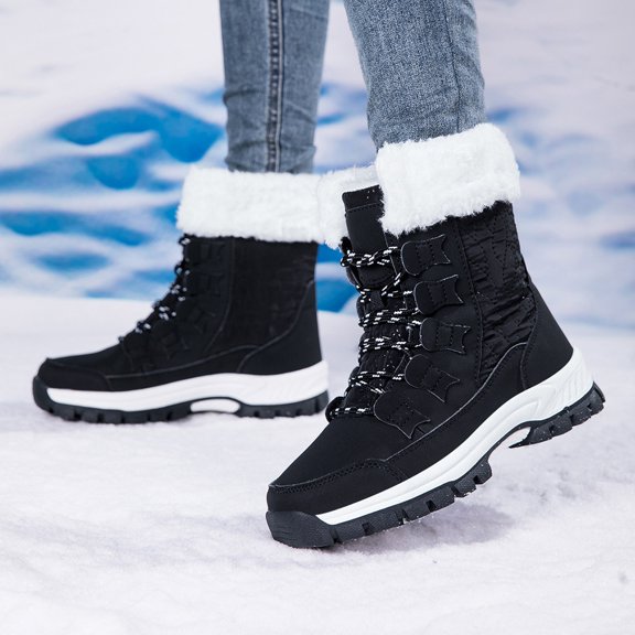 XIMIN Womens Waterproof Shoes Fur Lined Mid Calf Booties Walking Comfortable Hiking Tennis Booties Furry Mid Calf Lightweight Winter Warm Snow Boots