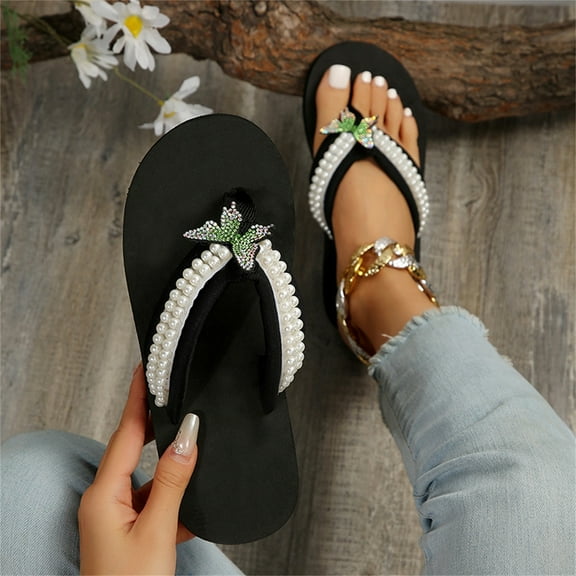 XIMIN Womens Wedge Platform Flip Flop Sandals Nonslip Summer Fashion Casual Pearl Thong Strap Clip Toe Slip-on Slipper Comfortable Ladies Beach Shoes Sandals (9, Green)