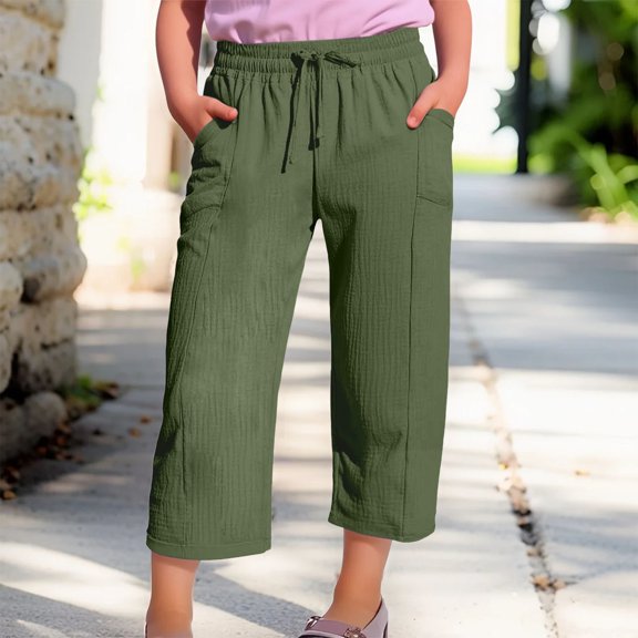 XIMIN Womens Wide Leg Yoga Capris High Waisted Cotton Linen Pants Casual Loose Comfy Trendy Elastic Waist Cropped Trouser with Tie Belt Pockets Summer Vacation Pants