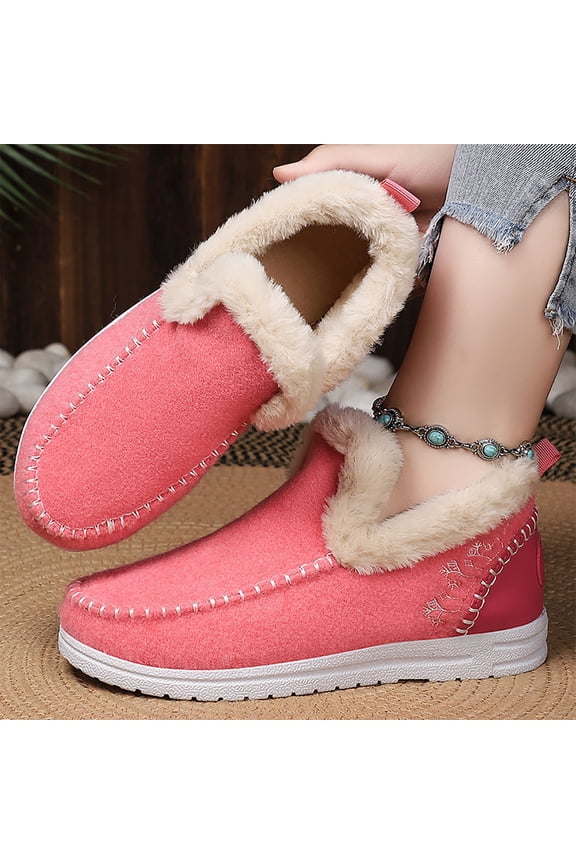 Womens Winter Flat Fuzzy Lined Fluffy Snow Boots Warm Faux Fur Lining Anti-Slip Comfy Snow Boot Slip on Loafer Casual Outdoor Plush Short Booties All-Day Home Wear