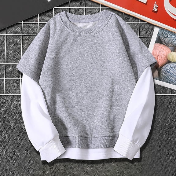 XIMIN Youth Fake Two-Piece Patchwork Pullover Sweatshirts Fall Winter Warm Clothes Loose Oversized Long Sleeve Crew Neck Cute Hoodie Sweatshirts Kids Boys Girls Tops