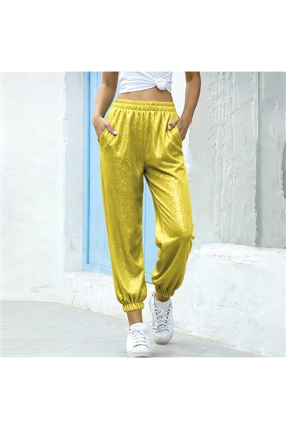 Youth Girls Glitter Sequins Sweatpants Cute Sparkle Dance Joggers Pants Teen Kids Long Loose Pants Bling Party Straight Ribbed Cuffs Performance Trousers
