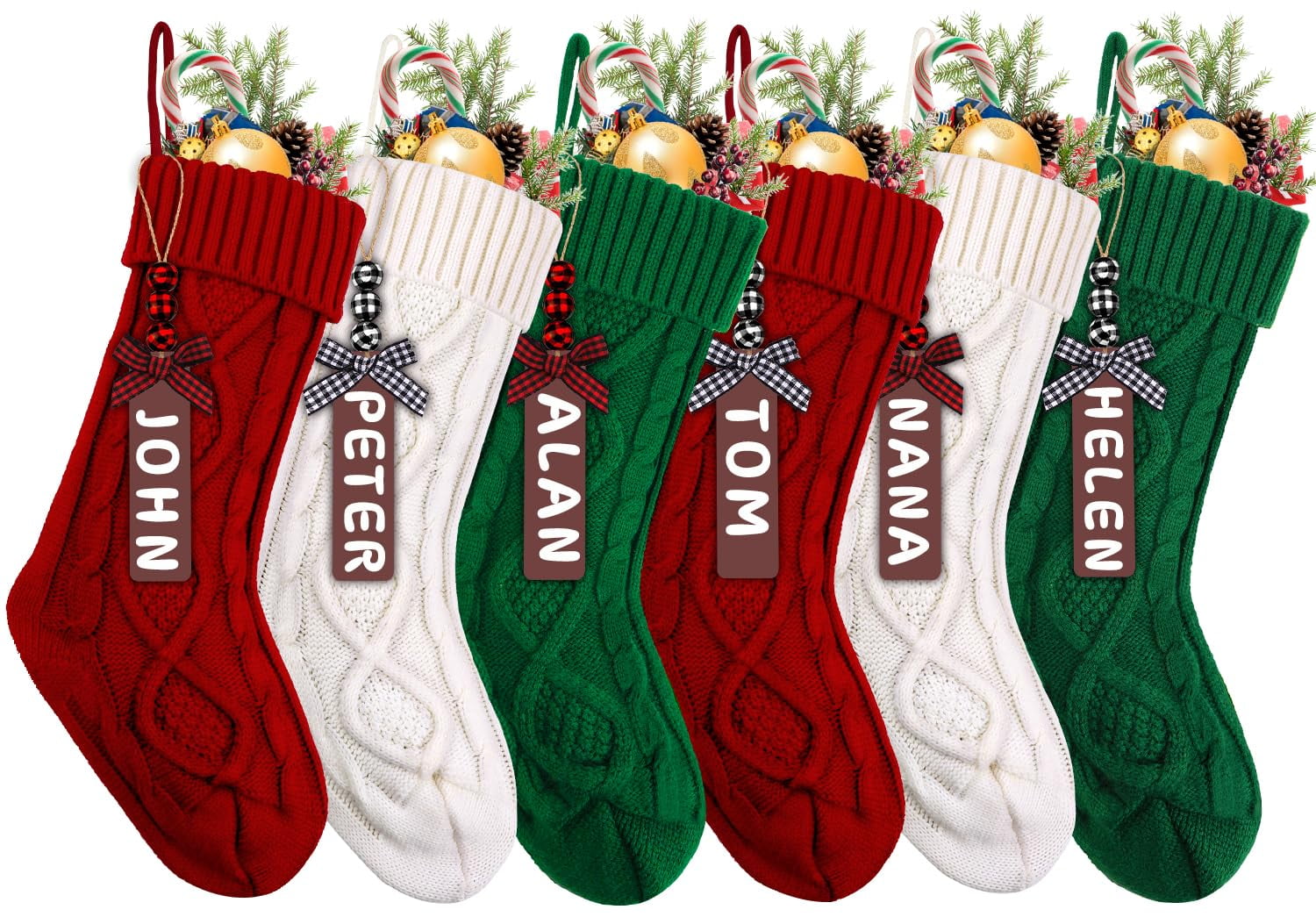 Set of 6 Red, White, and Green Cable Knit Christmas Stockings with Wooden Name Tags