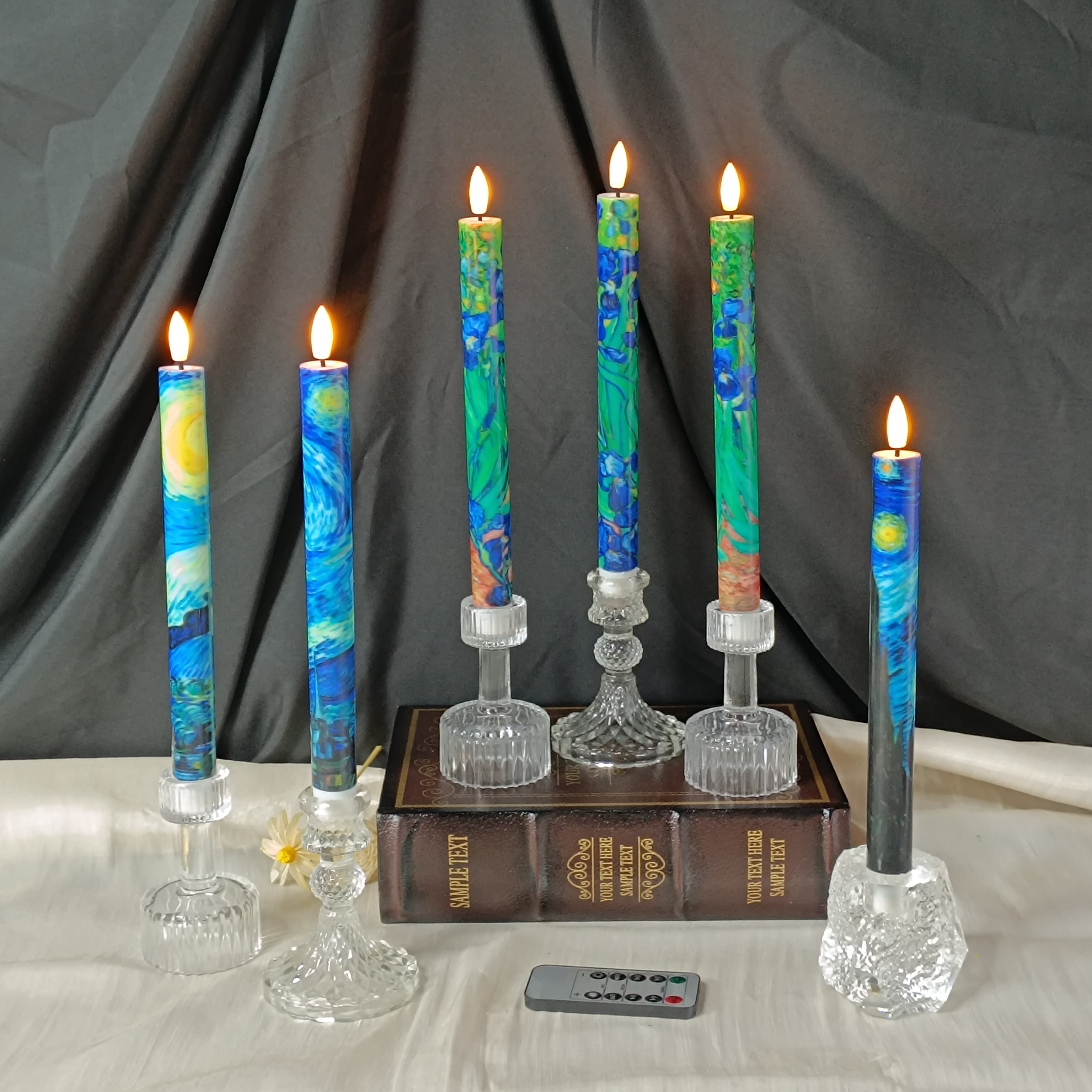 XINAOBAOLUO 10 Inch Flameless Taper Candle, 6PCS Starry Sky Decorative Battery Operated Candle with Remote Control, Flickering LED Candle Holder Perfect for Home Decor,Party and Weddings
