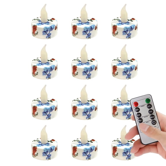 XINAOBAOLUO 12 Pcs Flameless Floral Rrint Candles - LED Tealights with Realistic Flame Effect, Water-Activated for Wedding, Party, Centerpiece, Pool, Christmas Decor