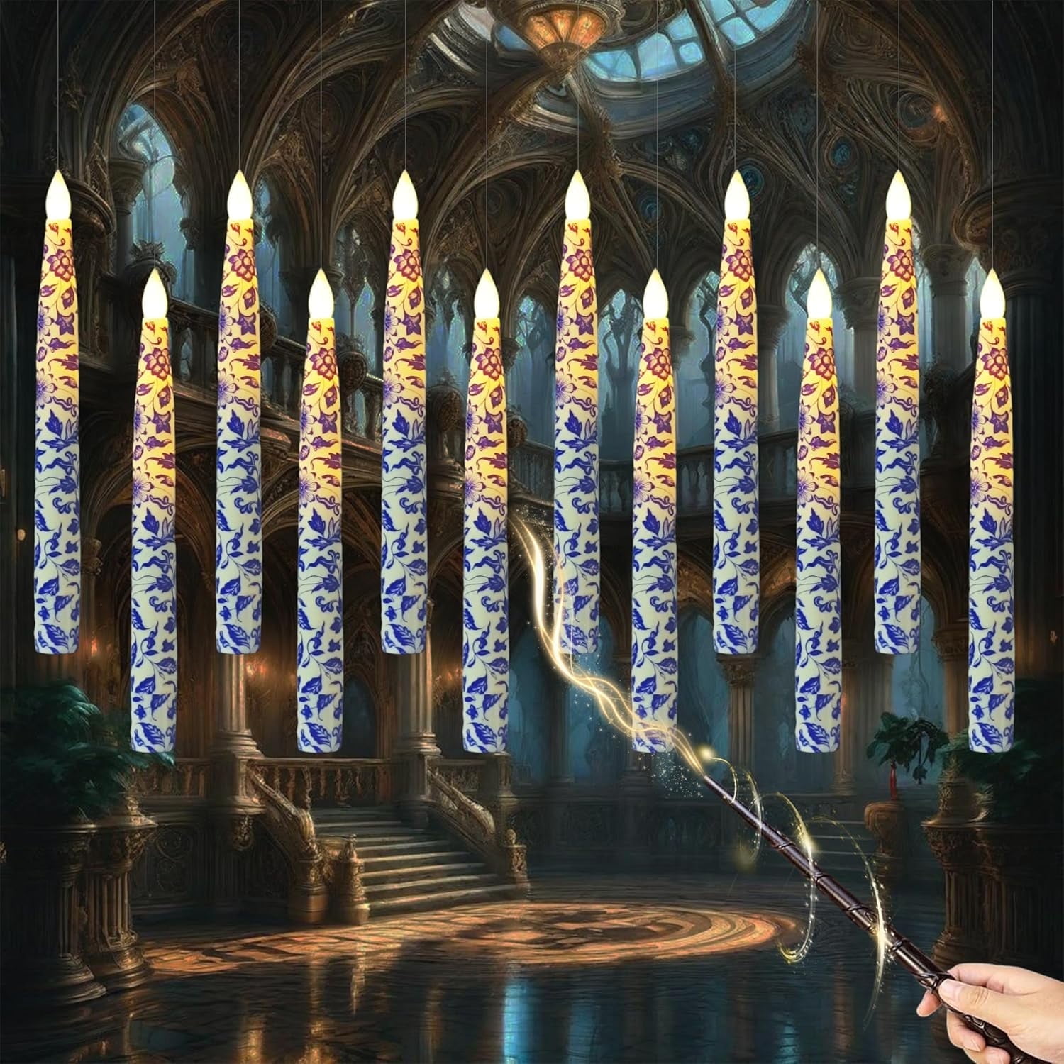 XINAOBAOLUO 12PCS Floral Floating Candles with Wand,Flickering Warm Light Flameless Floating LED Candle with Wand Remote, Magic Hanging Candles for Halloween Party Birthday Gift