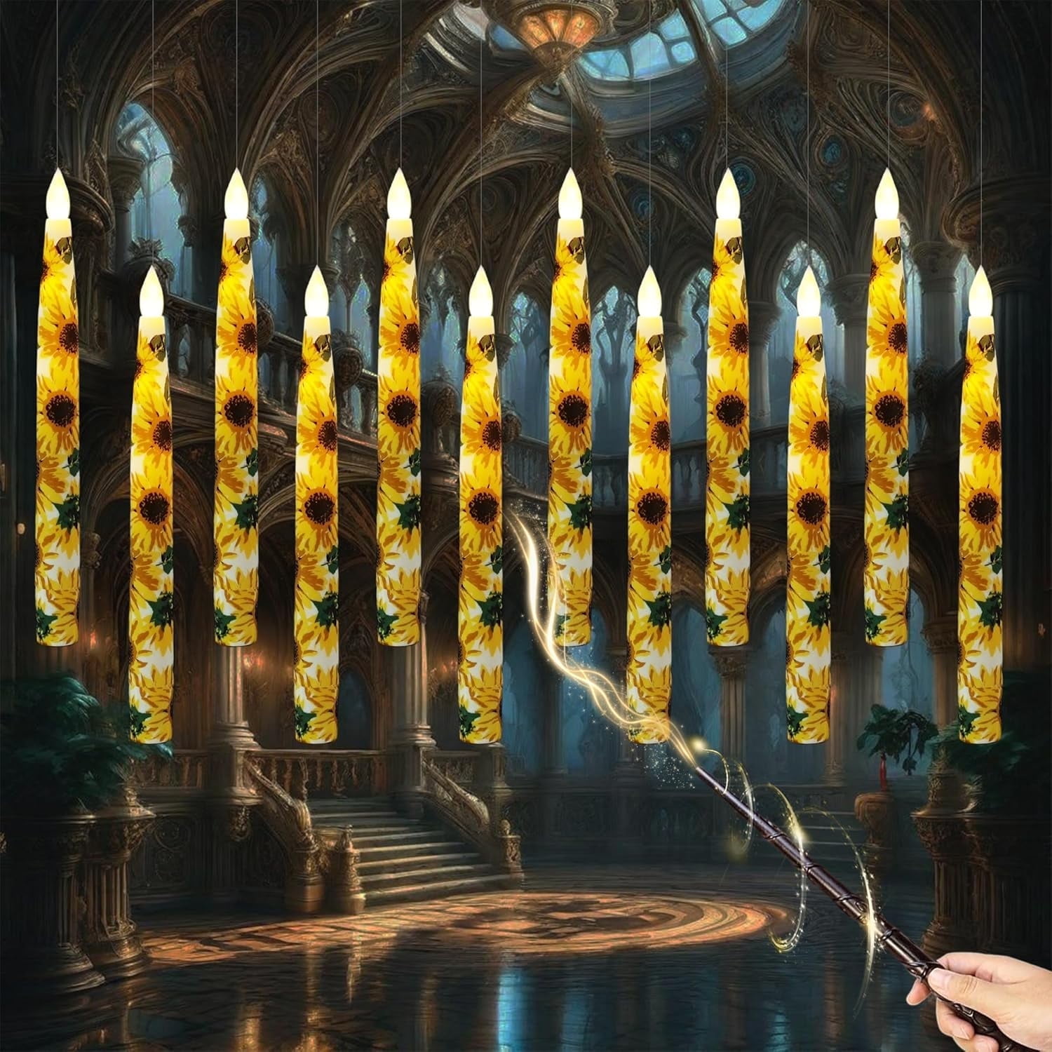 XINAOBAOLUO 12PCS Floral Floating Candles with Wand,Flickering Warm Light Flameless LED Candle with Remote, Magic Hanging Candles, Battery Operated Taper Candle Set for Theme Party Birthday Gift