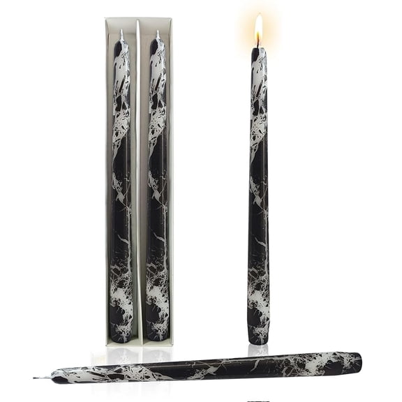 XINAOBAOLUO 2 PCS 10 Inch Taper Candles Marble Print Candlesticks Handmade Set of 2 Long Candles Unscented Tapered Candle for Hone Decoration Party(Black)