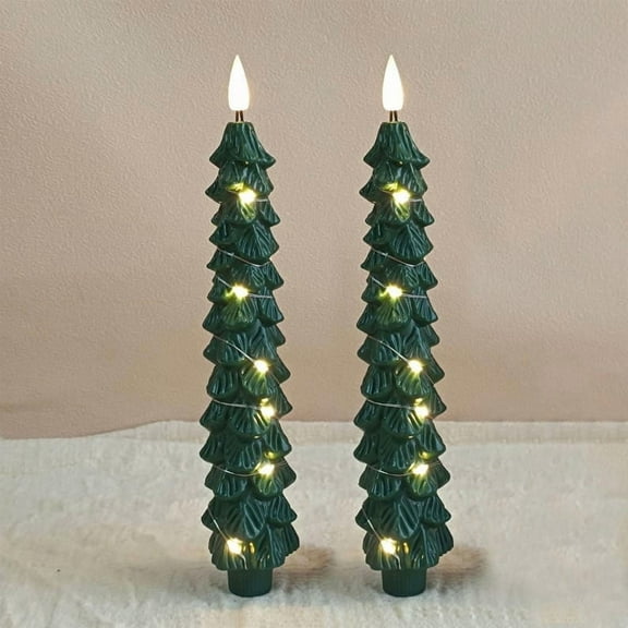 XINAOBAOLUO 2 Pack Christmas Tree Candles with Dot Lights, 10 Inch Unscented Tree Shaped Taper Candles Decorative Christmas Beeswax Candle for Xmas Holiday Decor, Party Banquet Centerpiece Decoration
