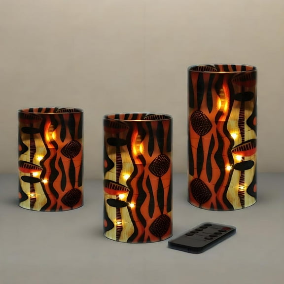 XINAOBAOLUO 3PCS LED African Tribal Abstract Candles Flameless Pillar Candles Flickering LED Candles,10-Key Remote for Wedding, Table, Halloween, Christmas Decor