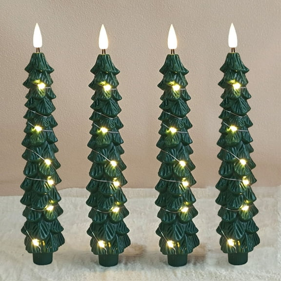 XINAOBAOLUO 4 PCS Christmas Tree Candles with Dot Lights, 10 Inch Unscented Tree Shaped Taper Candles Decorative Christmas Beeswax Candle for Xmas Holiday Decor, Party Banquet Centerpiece Decoration