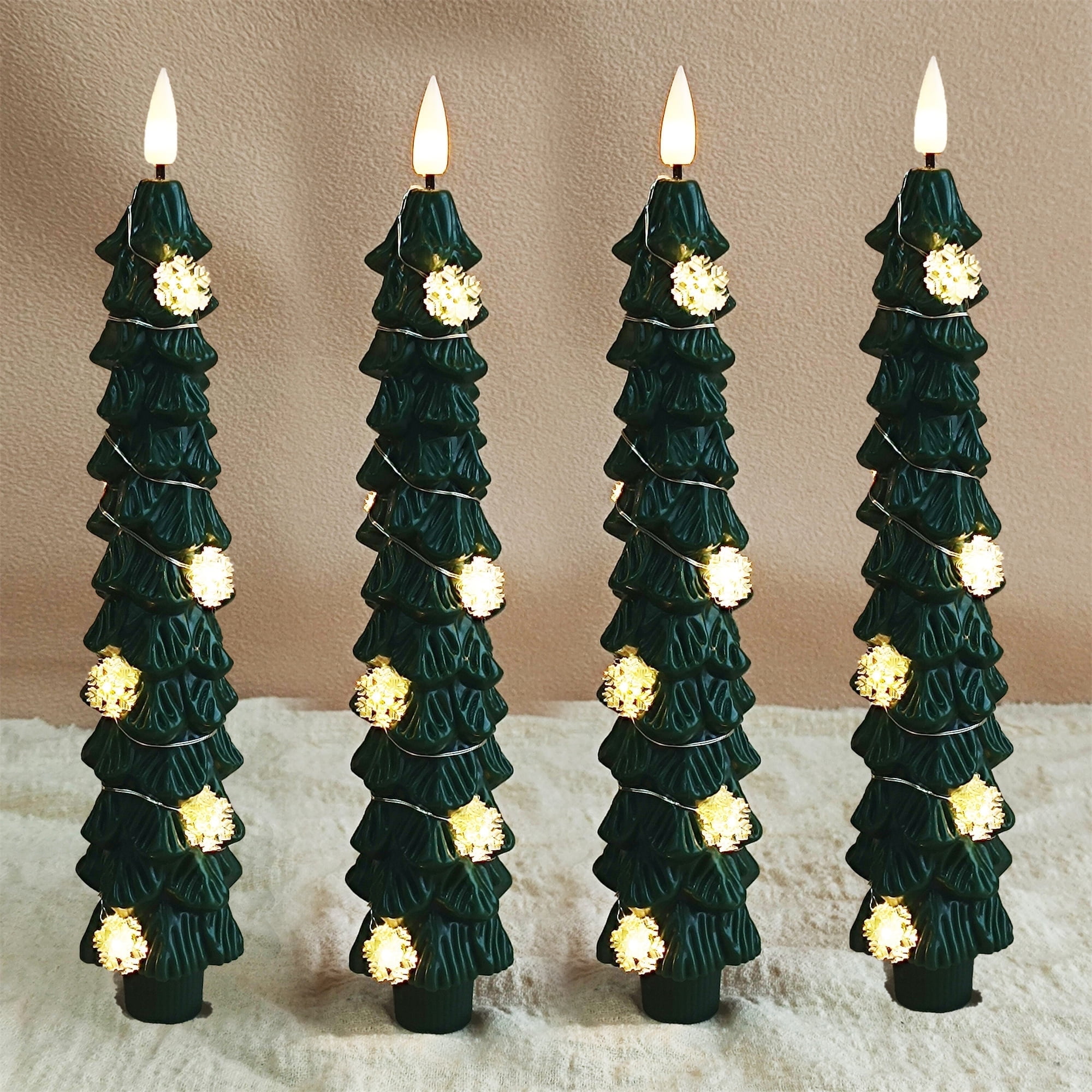 XINAOBAOLUO 4 PCS Christmas Tree Candles with Snowflake Lights, Wax Flameless Taper Candles Flickering, Green LED Candle Holders Battery Operated for New Year Celebration Holiday Decorations 9.4 Inch