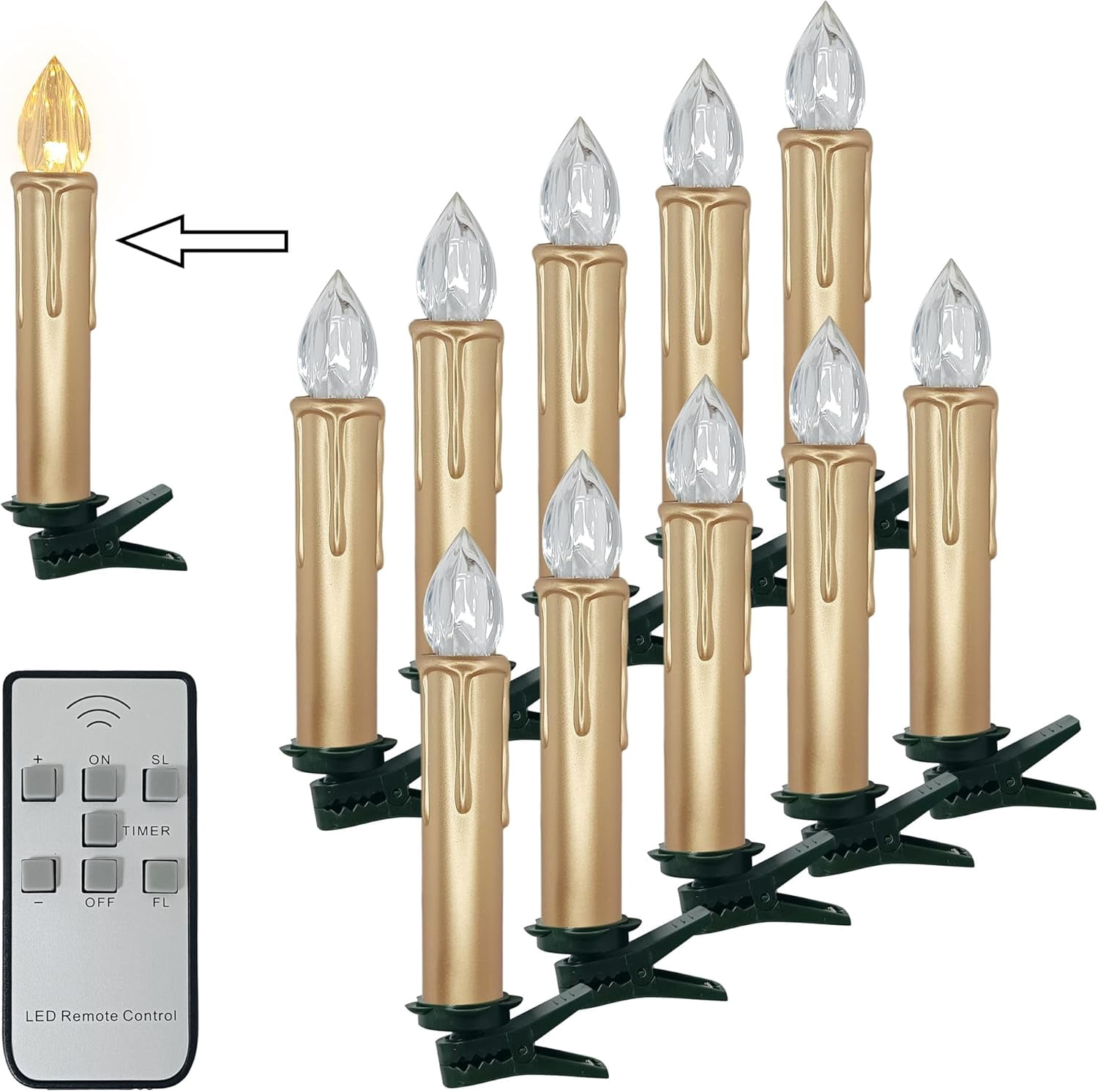 XINAOBAOLUO 4inches Gold Short Candlesticks LED Taper Candle, Flameless Candles with Clip Flickering Warm White Lights for Wedding Party Baroque Chandelier,4inches