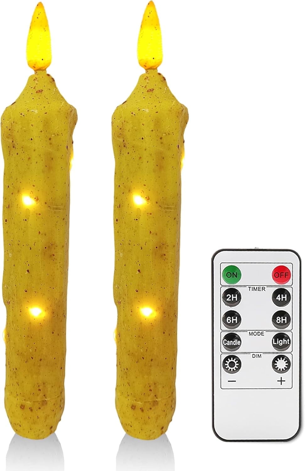 XINAOBAOLUO 6.5 Inches Hand Dipped Battery Operated Taper Candles Real Wax LED Flameless with Timer Remote Candles for Vintage Rustic Home Decor, Set of 2(Yellow)