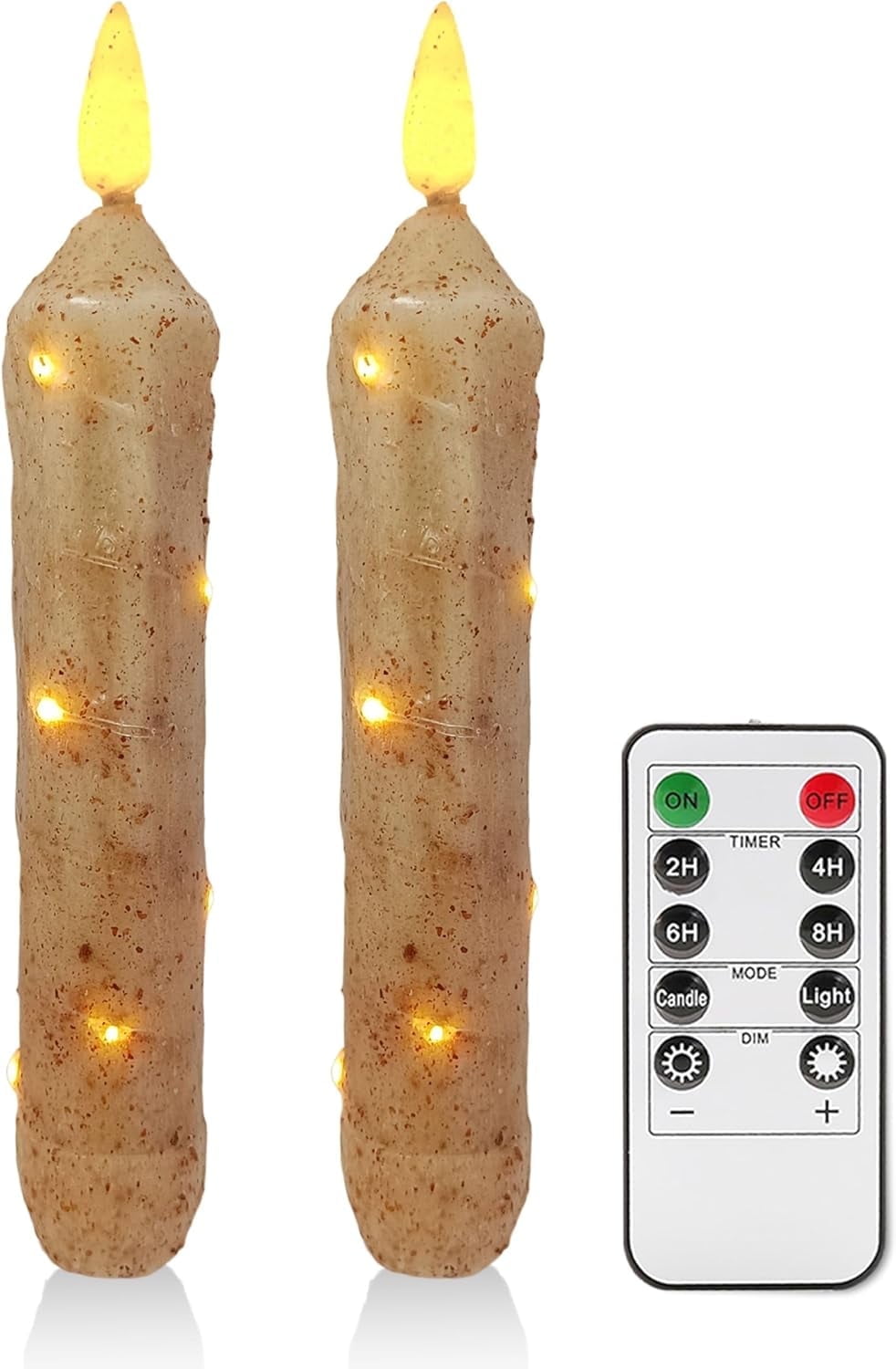 XINAOBAOLUO 6.5 Inches Real Wax LED Flameless Hand Dipped Battery Operated Taper Candles with Timer Remote Candles for Vintage Rustic Home Decor, Set of 2(Khaki)