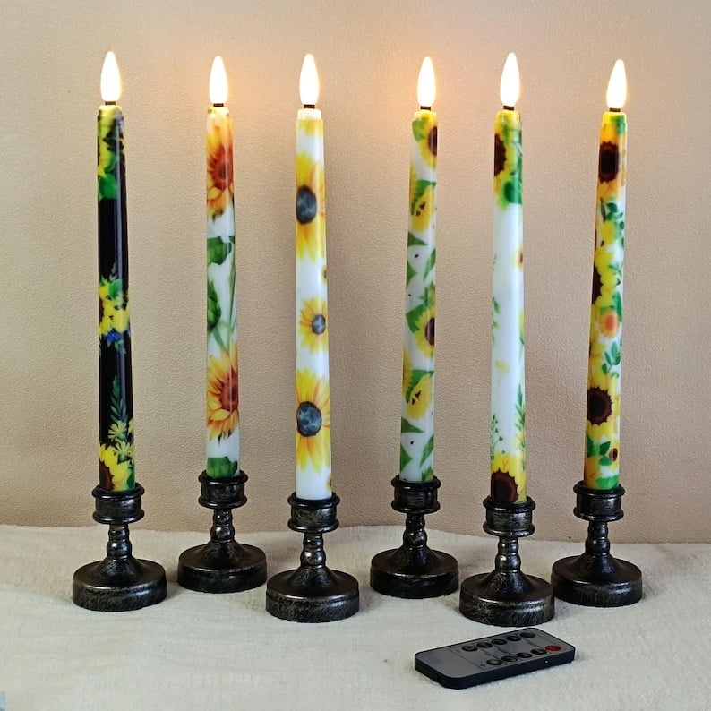 XINAOBAOLUO 6 PCS Sunflower Flameless Taper Candles Battery Operated LED Golden Bloom Decor Flameless Taper Candle Sticks Flower Home Decor