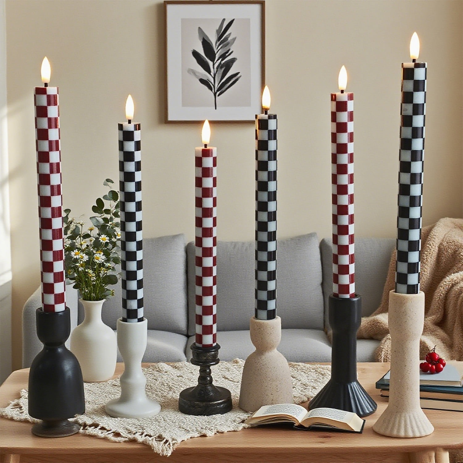 XINAOBAOLUO Black and White Checkerboard LED Flameless Candles Set of 3 Flickering Flameless Candles，Remote Control with Timer,Flameless Home Decor Dinner Gift