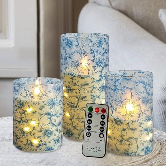 XINAOBAOLUO Blue Twig Floral Flickering Flameless Candles, Recessed String Light LED Candles with Remote and Timer for Home Decor Set of 3