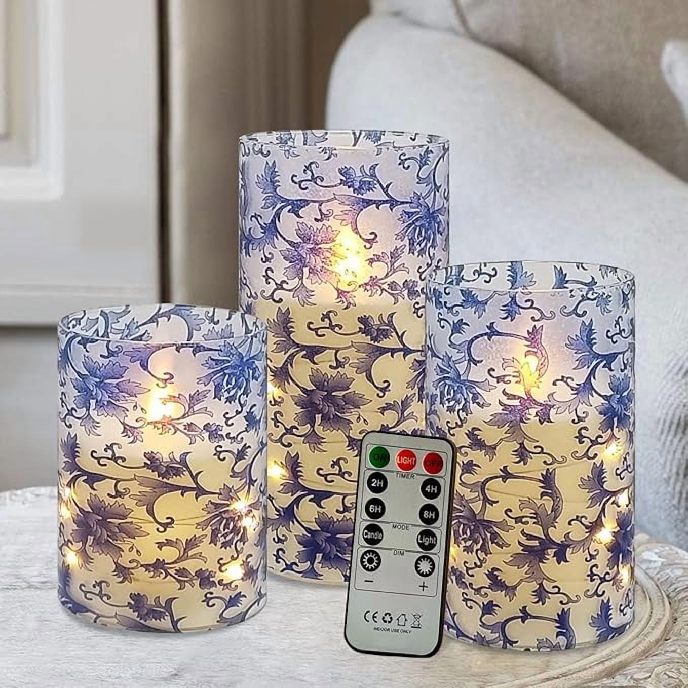 XINAOBAOLUO Blue & White Floral Flickering Flameless Candles, Recessed String Light LED Candles with Remote and Timer for Home Decor Set of 3