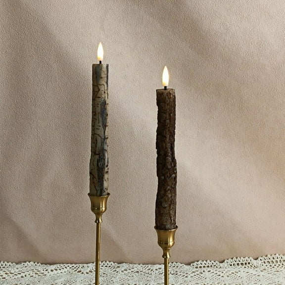 XINAOBAOLUO Brown Flameless Taper Candles with Remote Timer, Pack of 2 Bark Real Wax Battery Operated Candlesticks, 9.8 Inches LED Flickering Window Candles for Home Wedding Christmas Decor
