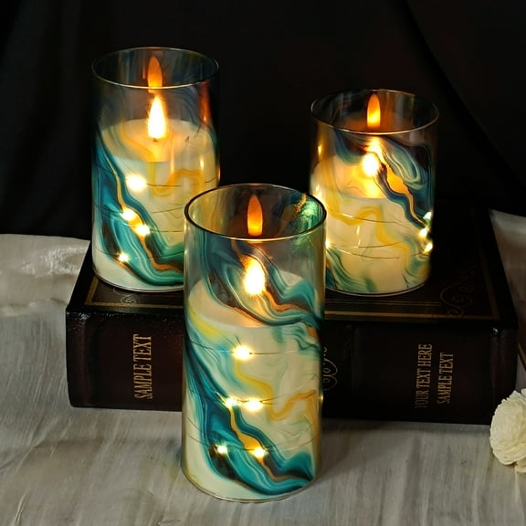 XINAOBAOLUO Flameless Candles Marble Handmade Battery Operated Pillar Real Wax LED Electric Candles Wick Flickering for Home Wedding Birthday Decoration (Set of 3)