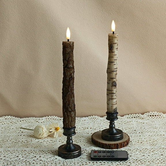 XINAOBAOLUO Flameless Taper Candles, Pack of 2 Bark Real Wax Battery-Operated Candlesticks, 9.8-Inch LED Flickering Window Candles
