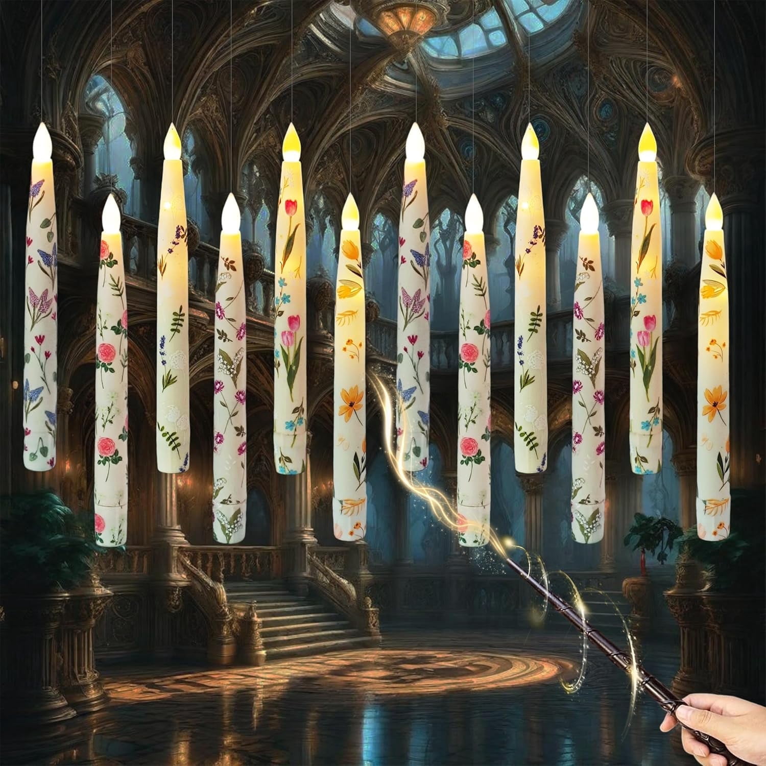 XINAOBAOLUO Floating Candles with Wand Remote Timer 12PCS Floral Flameless Taper Candle LED Magic Hanging Candlestick Battery Operated Floating Candles for Dinner Home Wedding Garden Party Decor