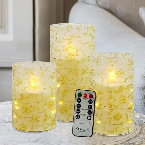 XINAOBAOLUO Golden Flower Flickering Flameless Candles, Recessed String Light LED Pillar Candles with Remote and Timer for Modern Simple Home Decor Set of 3