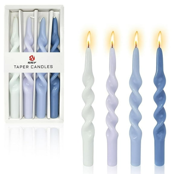XINAOBAOLUO Gradient Blue Taper Candles 4PCS, 9.8” Stick Spiral Twist Candles, Unscented Dripless Candles candles, suitable for weddings banquets family dinners holiday decorations formal events