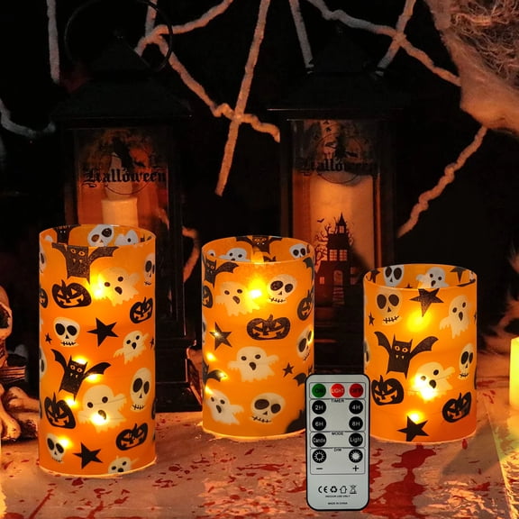 XINAOBAOLUO Halloween Electronic Pillar Candle Three-Piece Set - Ghost Pattern Flameless Candle, Safe Flickering LED Candlelight for Home Party Window Sill Decoration