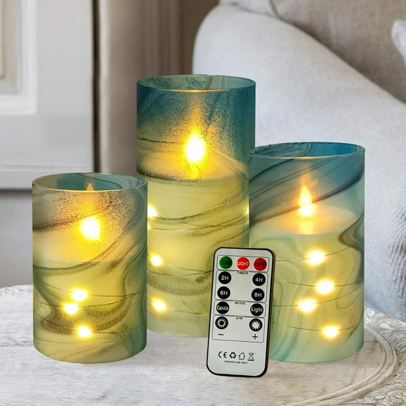 XINAOBAOLUO Marble Printed Flickering Flameless Candles, Recessed String Light LED Candles with Remote and Timer for Modern Simple Home Decor Set of 3