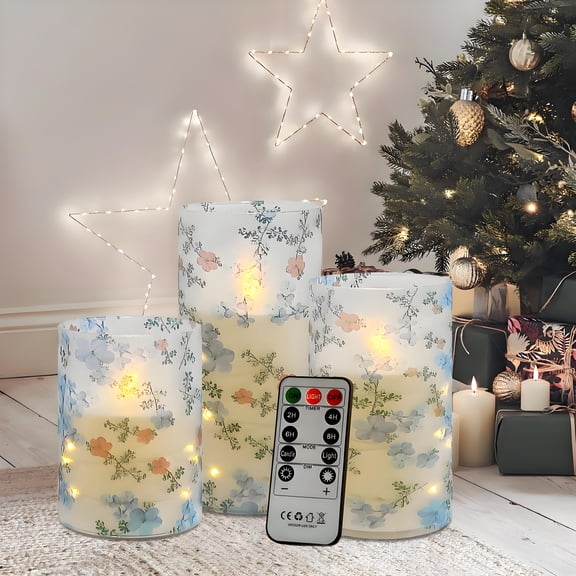 XINAOBAOLUO Printed Flameless Candles Battery Operated Candle with String Lights Flickering Floral LED Pillar Candles with Timer Remote for Home Decor Romantic Ambiance,Set of 3