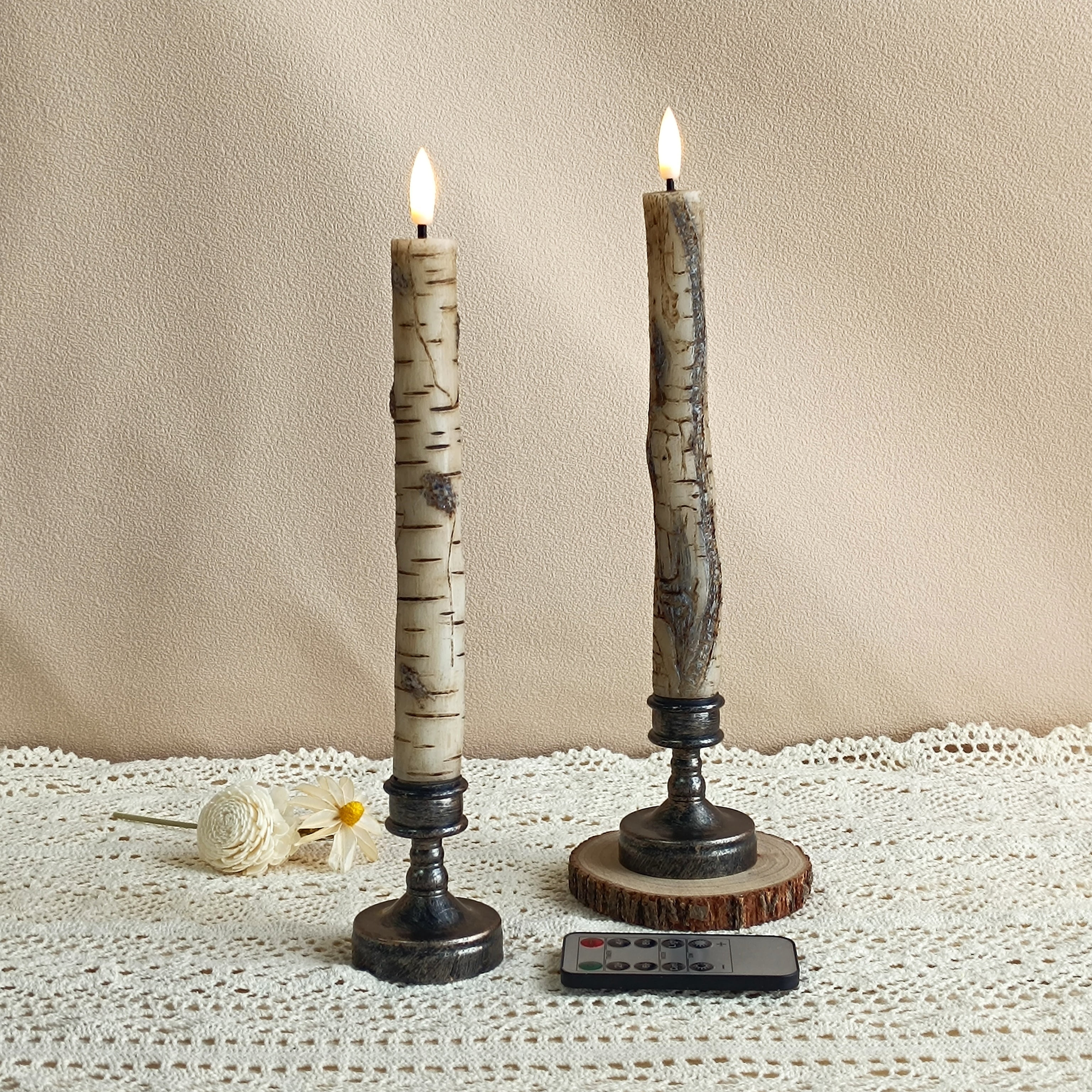 XINAOBAOLUO White Flameless Taper Candles with Remote Timer, Pack of 2 Bark Real Wax Battery Operated Candlesticks, 9.8 Inches LED Flickering Window Candles for Home Wedding Christmas Decor