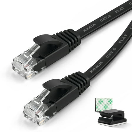 XINCA Cat6 Ethernet Cable 100ft Black Gigabit Flat Network Cable with 50pcs Cable Clips Snagless Rj45 Connectors for Computer/Modem/Router/X-Box Faster Than Cat5e/Cat5