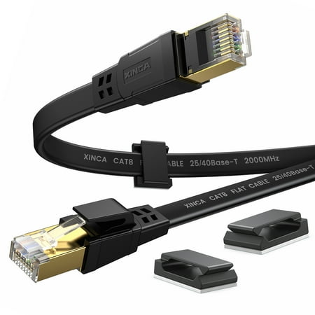 XINCA Cat8 Ethernet Cable Extra Long lnternet Network Flat 50ft Black with 30 Clips Rj45 Connectors transfer speed40 Gbps 2000MHz Connector for modems routers Computers Cable high Speed Cable Distri