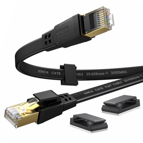 XINCA Cat8 Ethernet Cable Extra Long lnternet Network Flat 50ft Black with 30 Clips Rj45 Connectors transfer speed40 Gbps 2000MHz Connector for modems routers Computers Cable high Speed Cable Distri