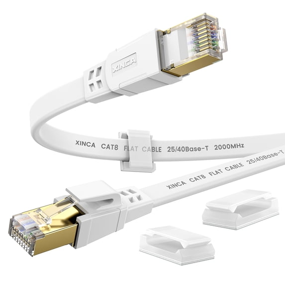 XINCA Cat8 Ethernet Cable Extra Long lnternet Network Flat Cable 50ft White with 30 Clips Rj45 Connectors transfer speed40 Gbps 2000MHz Connector for modems routers Computers high Speed Cable Distri